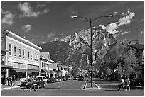 Banff Avenue and Cascade Mountain, mid-morning. Banff National Park, Canadian Rockies, Alberta, Canada ( black and white)