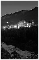 Banff Springs Hotel and Bow River from Surprise Point at night. Banff National Park, Canadian Rockies, Alberta, Canada ( black and white)