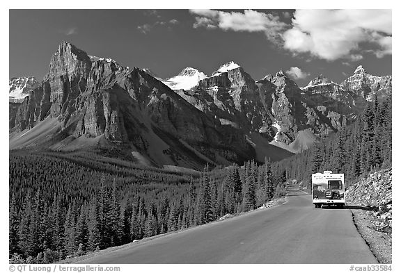 RV on the road to the Valley of Ten Peaks. Banff National Park, Canadian Rockies, Alberta, Canada (black and white)