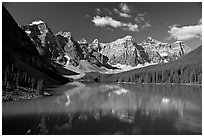 Moraine Lake reflecting the Wenkchemna Peaks, mid-morning. Banff National Park, Canadian Rockies, Alberta, Canada ( black and white)
