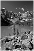 Moraine Lake from the Rockpile, mid-morning. Banff National Park, Canadian Rockies, Alberta, Canada ( black and white)