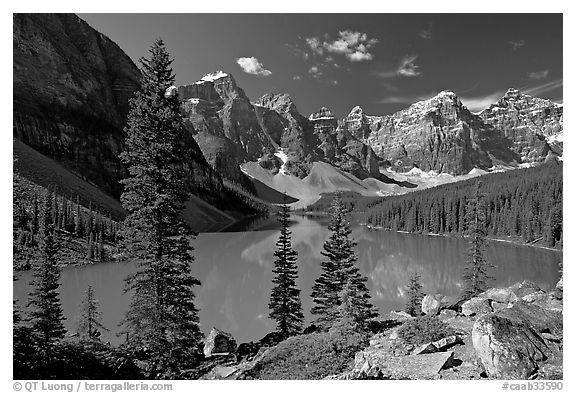 Moraine Lake and Wenkchemna Mountains , mid-morning. Banff National Park, Canadian Rockies, Alberta, Canada