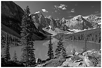 Moraine Lake and Wenkchemna Mountains , mid-morning. Banff National Park, Canadian Rockies, Alberta, Canada ( black and white)