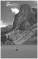 Canoe on Moraine Lake, afternoon. Banff National Park, Canadian Rockies, Alberta, Canada ( black and white)