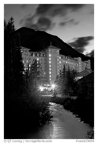 Chateau Lake Louise and stream at night. Banff National Park, Canadian Rockies, Alberta, Canada (black and white)