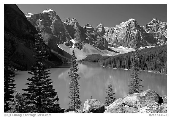 Wenkchemna Peaks above turquoise colored Moraine Lake , mid-morning. Banff National Park, Canadian Rockies, Alberta, Canada