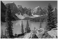 Wenkchemna Peaks above Moraine Lake , mid-morning. Banff National Park, Canadian Rockies, Alberta, Canada (black and white)