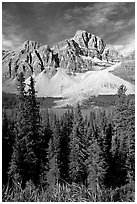 Crowfoot Mountain rising above Bow Lake. Banff National Park, Canadian Rockies, Alberta, Canada ( black and white)