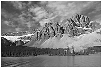Crowfoot Mountain and Crowfoot Glacier above Bow Lake. Banff National Park, Canadian Rockies, Alberta, Canada ( black and white)