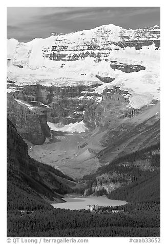 Distant view of Lake Louise and  Victoria Peak from the ski resort. Banff National Park, Canadian Rockies, Alberta, Canada (black and white)