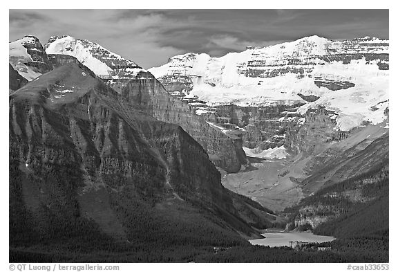 Distant view of Lake Louise and  Victoria Peak. Banff National Park, Canadian Rockies, Alberta, Canada (black and white)