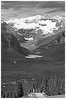 Observation platform, Lake Louise and  Victoria Peak. Banff National Park, Canadian Rockies, Alberta, Canada (black and white)
