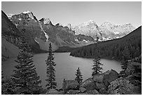 Wenkchemna Peaks above Moraine Lake, sunrise. Banff National Park, Canadian Rockies, Alberta, Canada ( black and white)