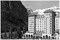 Chateau Lake Louise, with Victoria Peak in the background. Banff National Park, Canadian Rockies, Alberta, Canada (black and white)