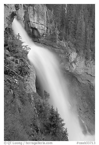 Panther Falls seen from the hanging ledge. Banff National Park, Canadian Rockies, Alberta, Canada (black and white)