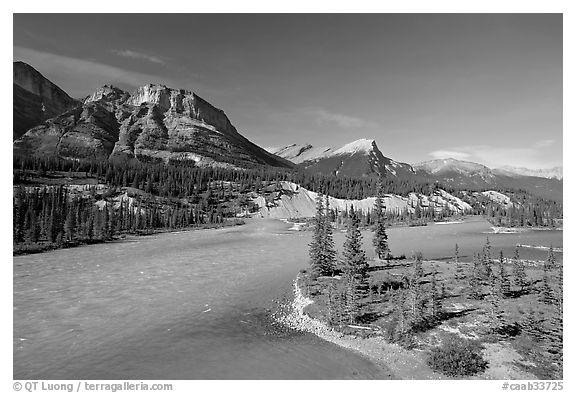 Saskatchevan River. Banff National Park, Canadian Rockies, Alberta, Canada (black and white)