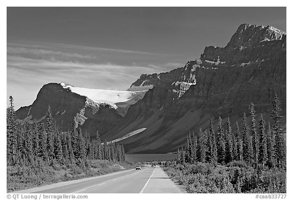 Road, Bow Lake, and Crowfoot Glacier, Icefieds Parkway. Banff National Park, Canadian Rockies, Alberta, Canada (black and white)