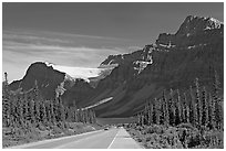 Road, Bow Lake, and Crowfoot Glacier, Icefieds Parkway. Banff National Park, Canadian Rockies, Alberta, Canada (black and white)