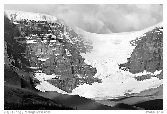 Snow Dome Glacier, Snow Dome, and Mt Kitchener. Jasper National Park, Canadian Rockies, Alberta, Canada (black and white)