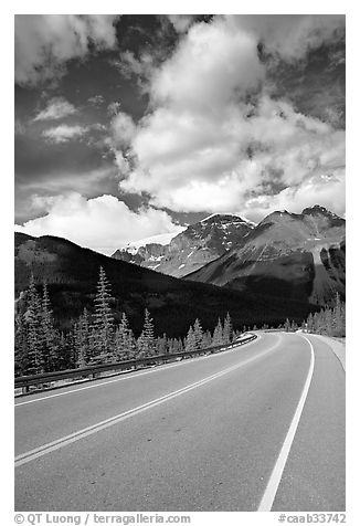 Curved Highway, Icefields Parway. Jasper National Park, Canadian Rockies, Alberta, Canada (black and white)
