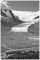 Icefields Center and Athabasca Glacier. Jasper National Park, Canadian Rockies, Alberta, Canada ( black and white)