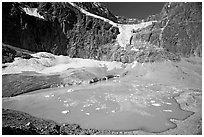 Hanging glacier and glacial pond, Mt Edith Cavell. Jasper National Park, Canadian Rockies, Alberta, Canada ( black and white)