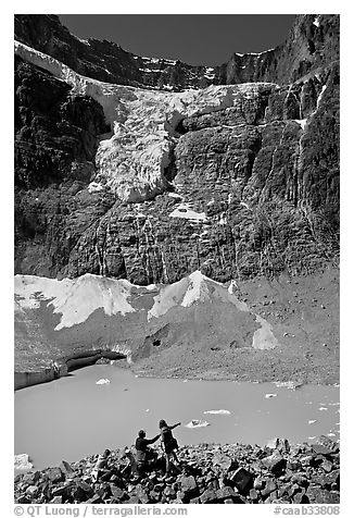 Family looking at Cavell Pond and Angel Glacier. Jasper National Park, Canadian Rockies, Alberta, Canada (black and white)