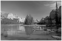 Spirit Island and Maligne Lake, afternoon. Jasper National Park, Canadian Rockies, Alberta, Canada ( black and white)