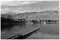 Dock, Maligne Lake, and Bald Hills, late afternoon. Jasper National Park, Canadian Rockies, Alberta, Canada (black and white)