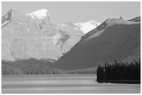 Maligne Lake and peaks, late afternoon. Jasper National Park, Canadian Rockies, Alberta, Canada (black and white)