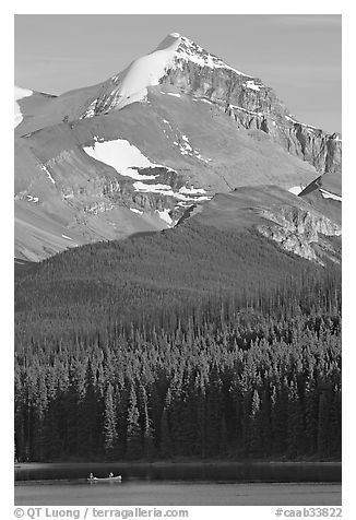 Peak raising above Maligne Lake. Jasper National Park, Canadian Rockies, Alberta, Canada (black and white)