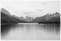 Maligne Lake, the largest in the Canadian Rockies, sunset. Jasper National Park, Canadian Rockies, Alberta, Canada ( black and white)
