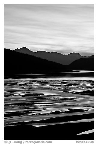 Braided channels and Medicine Lake, sunset. Jasper National Park, Canadian Rockies, Alberta, Canada (black and white)