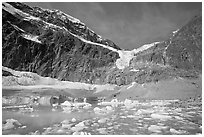 Cavell Pond and glaciers  at the base of Mt Edith Cavell, early morning. Jasper National Park, Canadian Rockies, Alberta, Canada ( black and white)