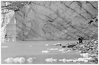 Hikers on the shore of Cavell Pond with high glacier wall behind. Jasper National Park, Canadian Rockies, Alberta, Canada ( black and white)