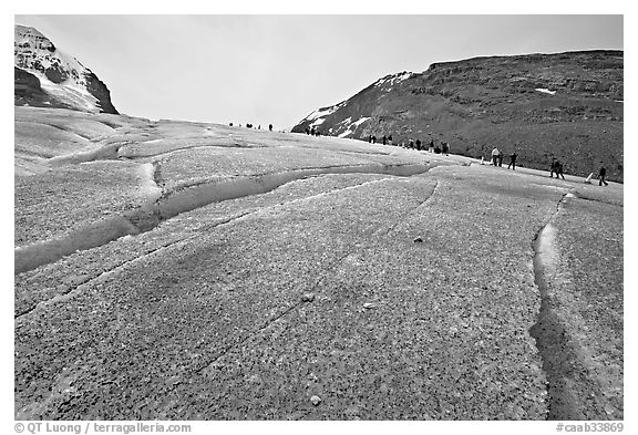 Crevasses on Athabasca Glacier with a line of tourists in the background. Jasper National Park, Canadian Rockies, Alberta, Canada (black and white)