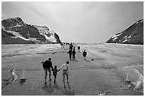 Tourists on Athabasca Glacier, Columbia Icefield. Jasper National Park, Canadian Rockies, Alberta, Canada (black and white)