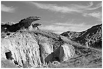 Caprock rocks and badlands, Dinosaur Provincial Park. Alberta, Canada (black and white)