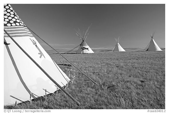 Indian Teepees,  Head-Smashed-In Buffalo Jump. Alberta, Canada (black and white)