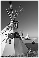 Teepee tents,  Head-Smashed-In Buffalo Jump. Alberta, Canada (black and white)