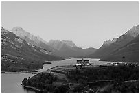 Prince of Wales hotel over Waterton Lakes, dusk. Waterton Lakes National Park, Alberta, Canada (black and white)