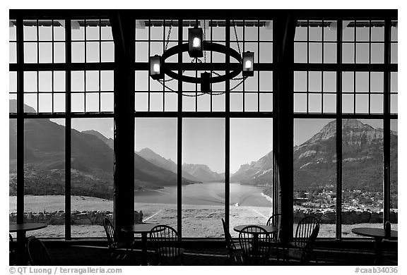 View over Waterton Lake through the windows of Prince of Wales hotel, morning. Waterton Lakes National Park, Alberta, Canada (black and white)