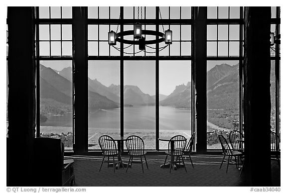 Lobby of Prince of Wales hotel with view over Waterton Lake. Waterton Lakes National Park, Alberta, Canada (black and white)