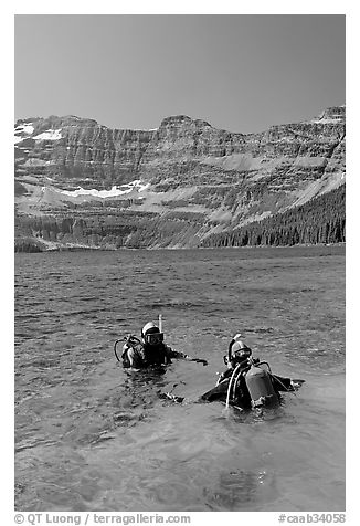 Scuba diving in Cameron Lake, a cold mountain lake. Waterton Lakes National Park, Alberta, Canada (black and white)