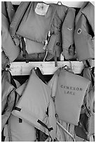 Lifevests in Cameron Lake boathouse. Waterton Lakes National Park, Alberta, Canada ( black and white)