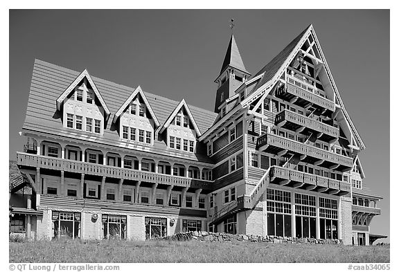 Prince of Wales hotel facade. Waterton Lakes National Park, Alberta, Canada (black and white)