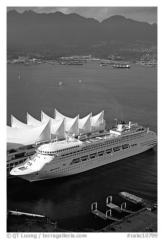 Canada Place, cruise ship, and Burrard Inlet. Vancouver, British Columbia, Canada (black and white)