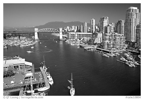 False Creek, Burrard Bridge, and high-rise  buildings see from Granville Bridge. Vancouver, British Columbia, Canada (black and white)