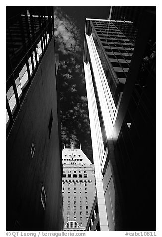 High rise downtown buildings seen from below. Vancouver, British Columbia, Canada (black and white)