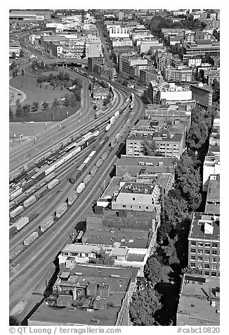 Downtown and railroad from above. Vancouver, British Columbia, Canada (black and white)